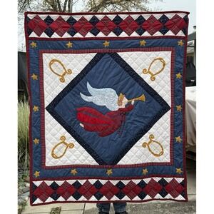 VTG Handmade Christmas Quilt  Angel w/ Trumpet Stars Harp 48" x 58" BEAUTIFUL